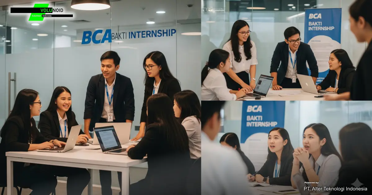 Berbagai adegan magang Bakti BCA, menunjukkan kolaborasi dan diskusi kelompok di kantor modern.