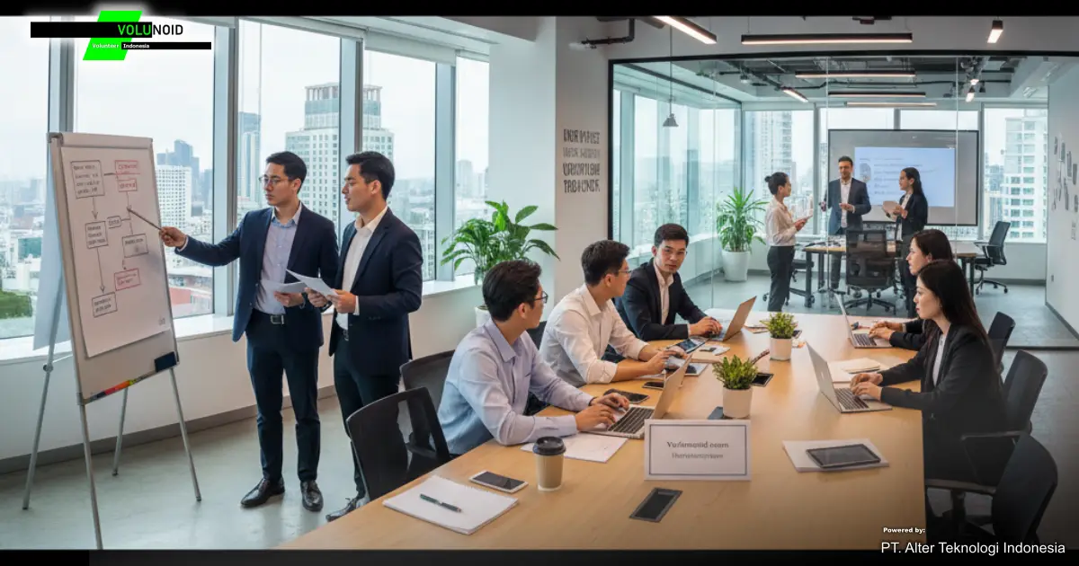Mahasiswa manajemen sedang magang di lingkungan kantor modern, berkolaborasi dalam proyek dan presentasi.