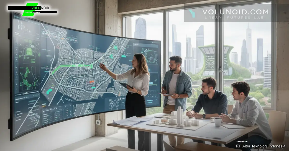 Sebuah tim perencana kota sedang meninjau peta digital proyek di layar lebar di sebuah kantor modern dengan pemandangan kota.