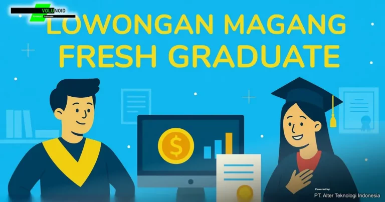 Ilustrasi digital “Lowongan Magang Fresh Graduate” menampilkan dua lulusan baru sedang berdiskusi di ruang kerja modern, dengan ikon surat lamaran, grafik peluang kerja, dan laptop di atas meja.