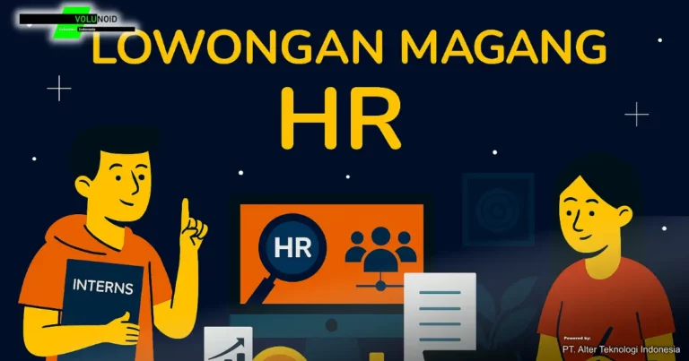 Ilustrasi digital “Lowongan Magang HR” menampilkan dua mahasiswa magang berdiskusi di ruang kerja sumber daya manusia, dengan ikon HR di layar komputer, grafik tim, dan formulir lamaran di atas meja.