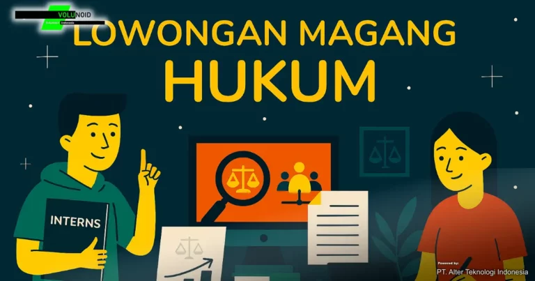 Ilustrasi digital “Lowongan Magang Hukum” menampilkan dua mahasiswa magang berdiskusi di ruang kerja hukum, dengan ikon timbangan keadilan di layar komputer, dokumen hukum, dan palu sidang di atas meja, menggunakan palet warna hijau tua, merah, dan oranye.