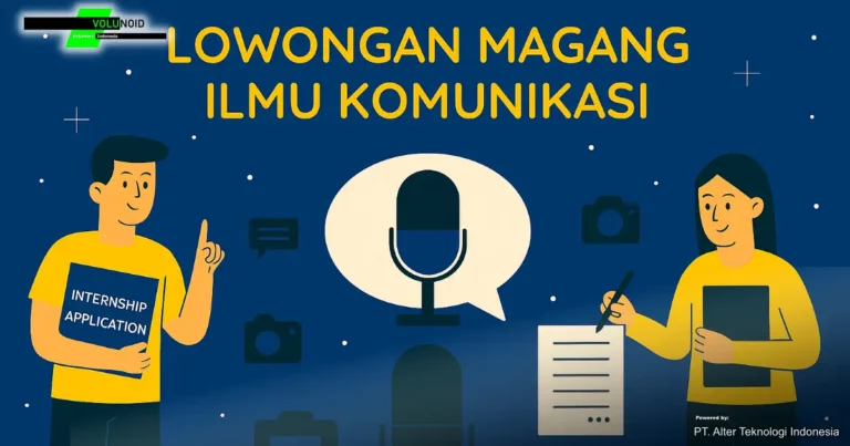 Infografis lowongan magang Ilmu Komunikasi dengan ilustrasi dua mahasiswa, mikrofon, ikon kamera, dan dokumen presentasi.