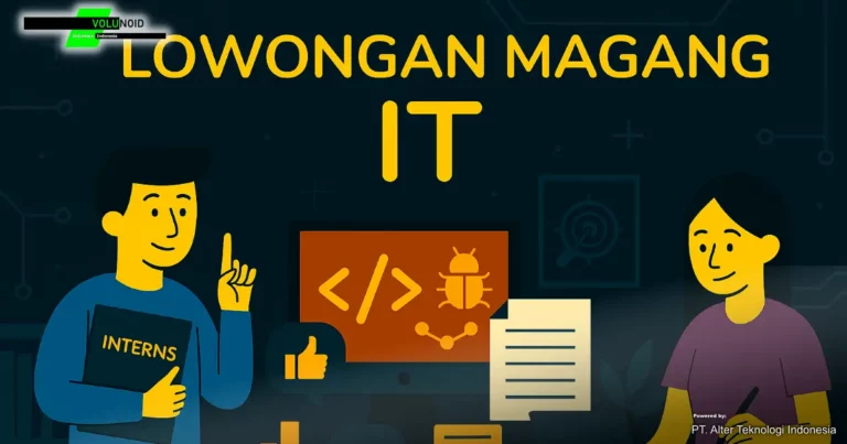 Ilustrasi digital “Lowongan Magang IT” menampilkan dua mahasiswa magang berdiskusi di ruang kerja teknologi informasi, dengan ikon kode, bug, dan jaringan node di layar komputer, serta laptop dan dokumen teknis di atas meja.