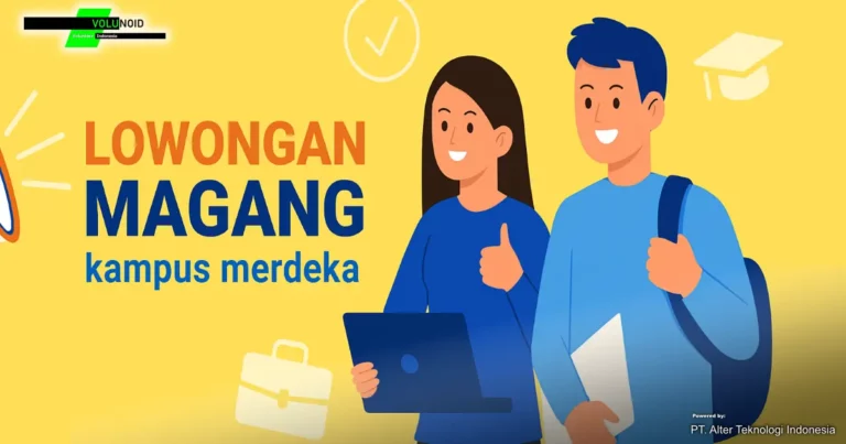 Lowongan Magang Kampus Merdeka Banner digital bertema "Lowongan Magang Kampus Merdeka" menampilkan dua mahasiswa tersenyum dengan latar kuning cerah, ikon pendidikan, dan teks promosi yang mencolok.