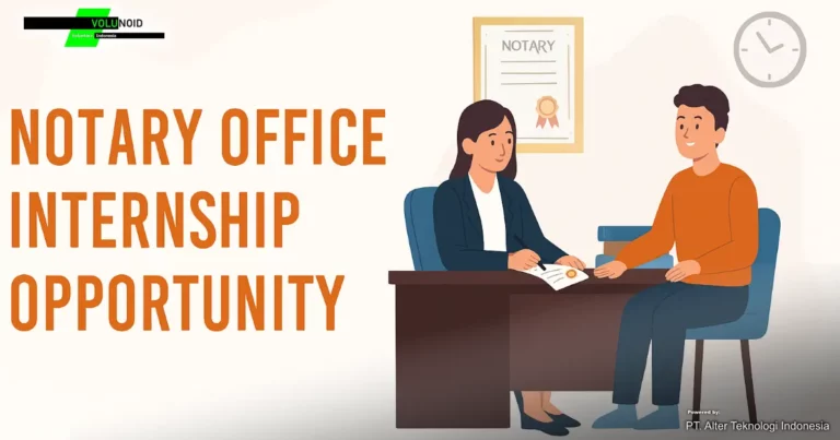 Ilustrasi promosi lowongan magang di kantor notaris dari Volunoid.com, menampilkan suasana profesional dengan notaris dan peserta magang di meja kerja.