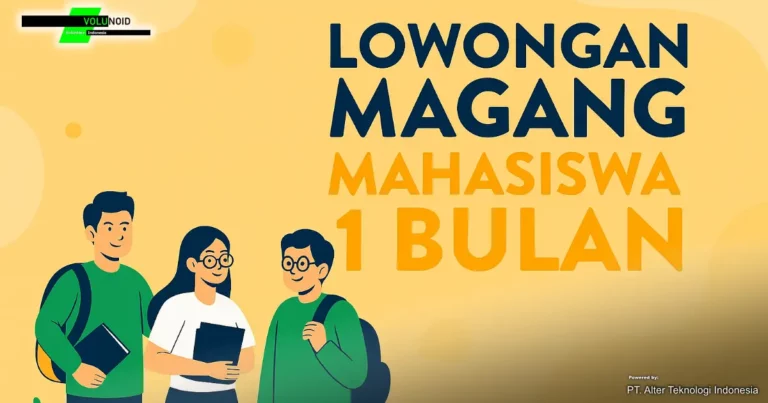 Ilustrasi promosi magang mahasiswa 1 bulan dari Volunoid.com, menampilkan tiga mahasiswa bergaya flat design dengan latar kuning-oranye dan teks ajakan berwarna biru tua dan oranye.