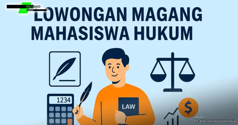 Lowongan Magang Mahasiswa Hukum Poster digital bertema "Lowongan Magang Mahasiswa Hukum" dengan ilustrasi mahasiswa dan simbol keadilan seperti buku hukum dan timbangan.