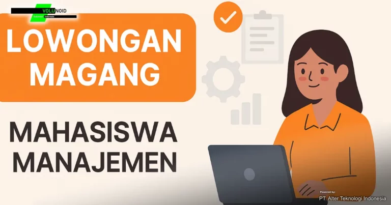 Ilustrasi digital bergaya flat tentang lowongan magang mahasiswa manajemen, menampilkan perempuan muda berpakaian profesional di depan laptop dengan ikon manajemen di sekelilingnya dan teks ajakan bergabung, berlatar warna krem dengan elemen oranye dan abu-abu.