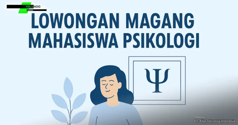 Lowongan Magang Mahasiswa Psikologi Ilustrasi digital bertema lowongan magang mahasiswa psikologi, menampilkan seorang wanita muda di depan laptop dengan simbol psikologi di latar belakang dan teks promosi Volunoid.com..