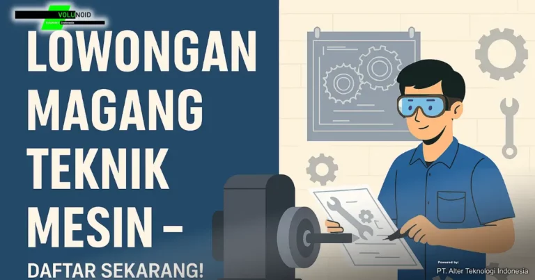 Banner digital bertema lowongan magang mahasiswa teknik mesin, menampilkan ilustrasi mahasiswa teknik sedang bekerja di bengkel dengan blueprint dan mesin industri, serta teks ajakan dan branding Volunoid.com..