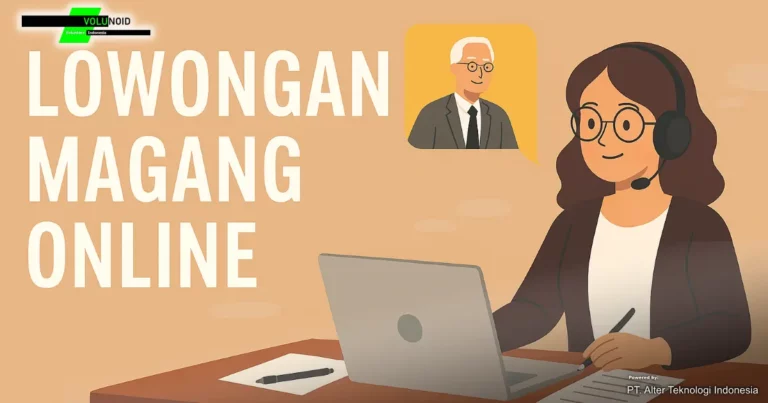Banner digital bertema lowongan magang online menampilkan mahasiswa perempuan sedang mengikuti pertemuan virtual melalui laptop, dengan latar elemen digital seperti ikon email, cloud, dan Zoom, serta teks “Lowongan Magang Online” dan logo Volunoid.com di pojok bawah.