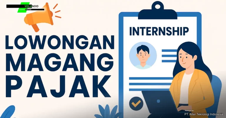 Ilustrasi promosi lowongan magang pajak dari Volunoid.com, menampilkan profesional muda mengetik di laptop dengan latar belakang dokumen magang dan elemen kantor modern.