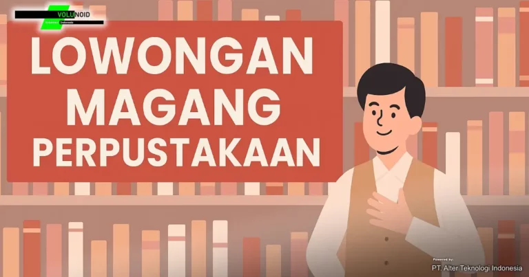 Ilustrasi digital bergaya flat tentang lowongan magang perpustakaan, menampilkan mahasiswa laki-laki di depan rak buku dengan teks promosi dan nuansa warna hangat.