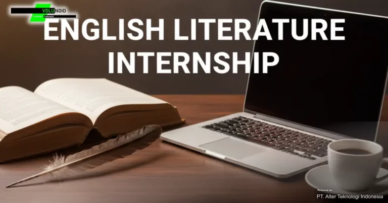 Lowongan Magang Sastra Inggris Sebuah meja kerja dengan buku terbuka, laptop, pena bulu, dan cangkir kopi, dengan teks "ENGLISH LITERATURE INTERNSHIP" di tengah dan "Volunoid.com" di bagian atas.