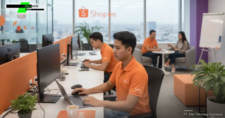 Lowongan Magang Shopee Sebuah kantor modern dengan beberapa karyawan mengenakan kemeja oranye bekerja di meja komputer, dengan logo Shopee terlihat di luar jendela.