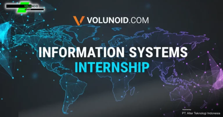 Lowongan Magang Sistem Informasi Spanduk digital profesional milik Volunoid.com berlatar biru gelap dan jingga, menampilkan teks besar "INFORMATION SYSTEMS INTERNSHIP" dan ilustrasi minimalis yang melambangkan jaringan dan teknologi.