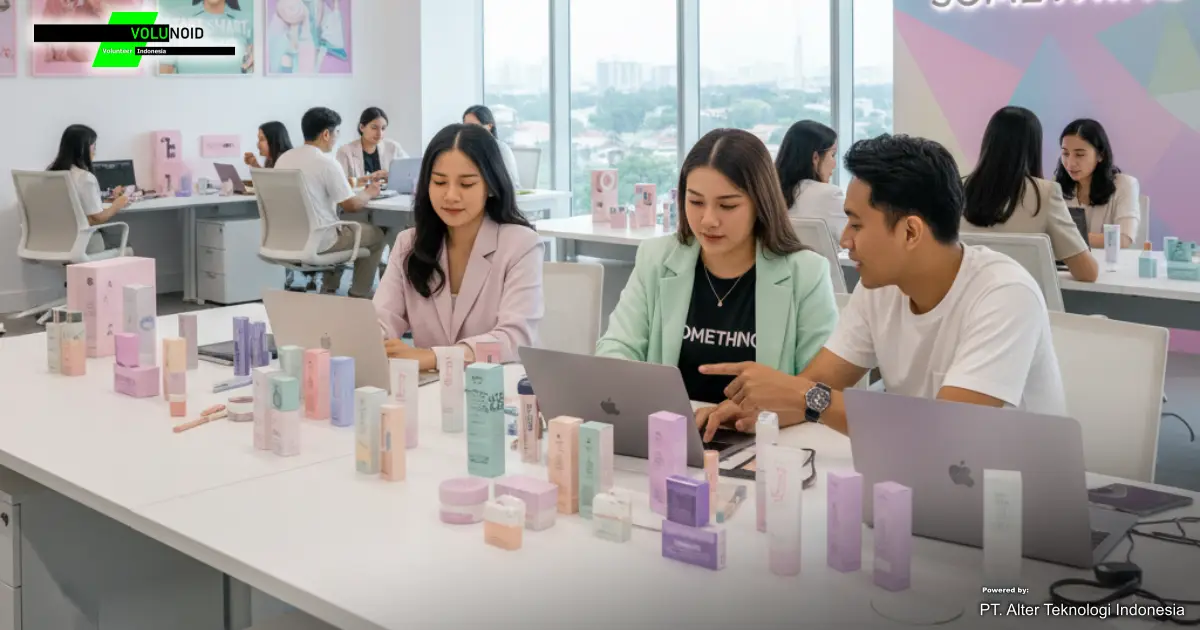 Suasana magang di kantor Somethinc yang modern, dikelilingi produk-produk kecantikan dengan tim yang berkolaborasi.