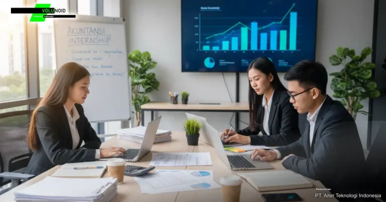 Tiga orang profesional bekerja di meja kantor, dengan layar besar menampilkan grafik di latar belakang dan papan tulis bertuliskan "Akuntansi Internship".