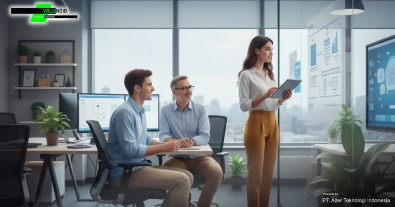 Magang Untuk Lulusan S1 Sebuah gambar dari ruang kantor modern dengan tiga orang profesional yang sedang berdiskusi, dengan teks "INTERNSHIP FOR S1 GRADUATES" di bagian atas dan logo Volunoid.com di sudut kanan bawah.