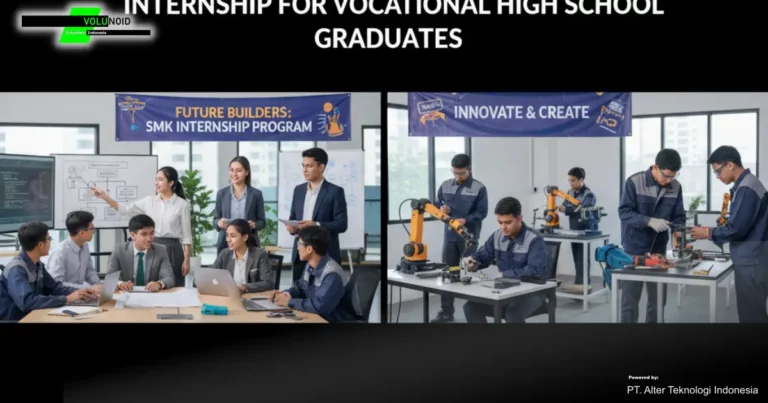 Magang Untuk Lulusan Smk Sebuah spanduk dengan tulisan "Internship for Vocational High School Graduates" di atas dua gambar yang menggambarkan program magang.