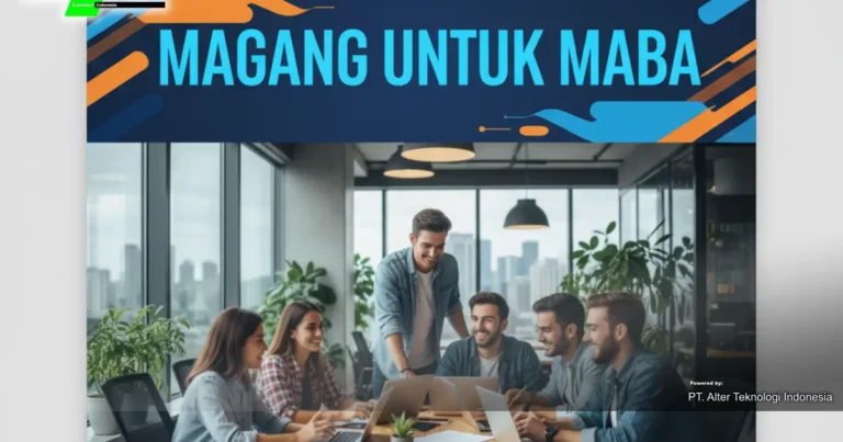 Magang Untuk Maba 1 Sebuah kelompok mahasiswa baru sedang berdiskusi dengan mentor di sebuah kantor modern, dengan tulisan "Magang untuk Maba" dan logo Volunoid.com.