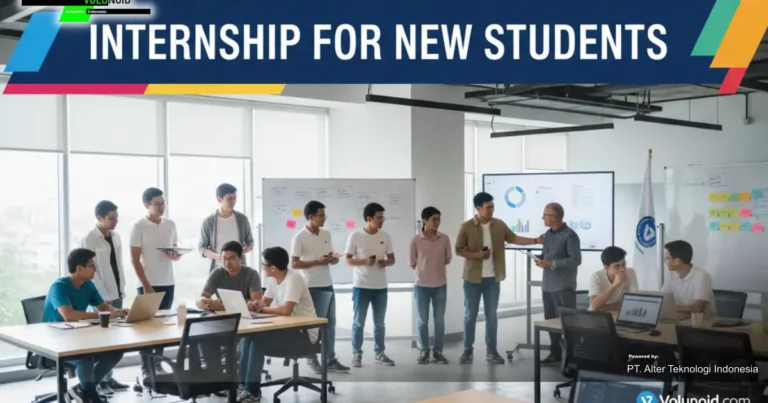 Sekelompok mahasiswa baru sedang melakukan magang di sebuah kantor modern.