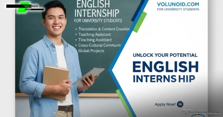 Magang Untuk Mahasiswa Bahasa Inggris Poster promosi magang bahasa Inggris untuk mahasiswa universitas, menampilkan seorang mahasiswa Asia tersenyum memegang buku dan tablet di depan papan tulis. Poster tersebut menyoroti peluang dalam penerjemahan, pembuatan konten, asisten pengajar, dan komunikasi lintas budaya.