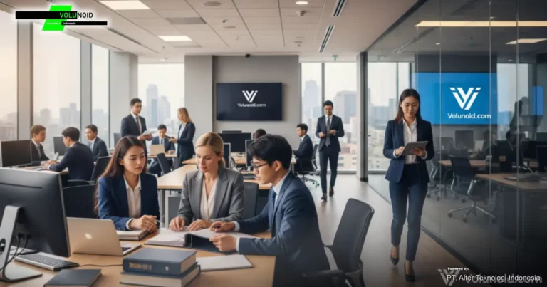 Magang Untuk Mahasiswa Hukum Suasana kantor hukum modern yang sibuk dengan mahasiswa hukum magang dan profesional.
