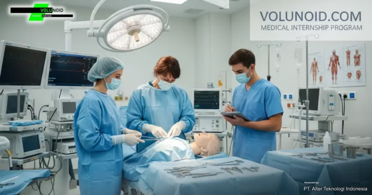 Mahasiswa kedokteran berinteraksi dengan instrumen bedah dalam lingkungan simulasi rumah sakit, yang menampilkan tim medis yang sedang melakukan operasi pada boneka manekin medis, dengan pencahayaan terang dan peralatan canggih di sekitarnya.