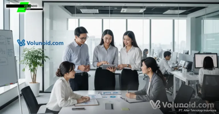Magang Untuk Mahasiswa Manajemen Sekelompok mahasiswa magang manajemen yang sedang berdiskusi di kantor modern.