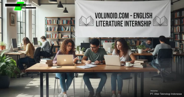 Magang Untuk Mahasiswa Sastra Inggris Mahasiswa sastra Inggris magang di kantor modern dengan spanduk "VOLUNOID.COM - ENGLISH LITERATURE INTERNSHIP".