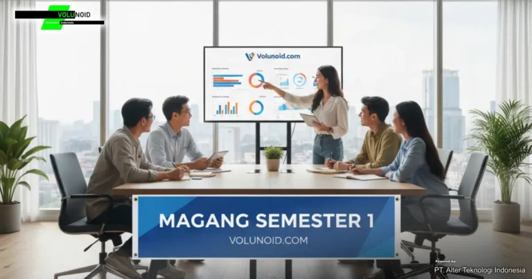 Magang Untuk Mahasiswa Semester 1 Mahasiswa magang semester 1 di Volunoid.com sedang mengikuti presentasi di ruang rapat modern dengan pemandangan kota.