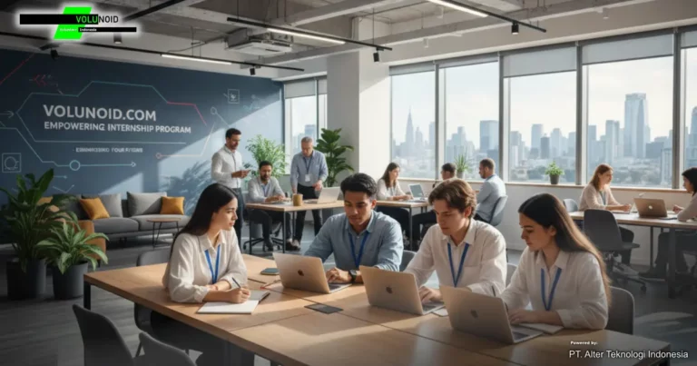 Sekelompok mahasiswa magang bekerja dengan laptop di kantor modern yang luas.