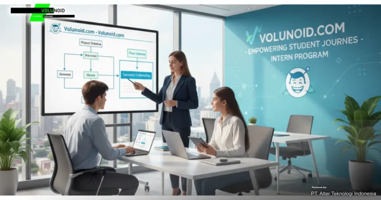 Seorang wanita profesional sedang presentasi di depan dua mahasiswa di kantor modern dengan layar menampilkan "Volunoid.com - Empowering Student Journeys - Intern Program".