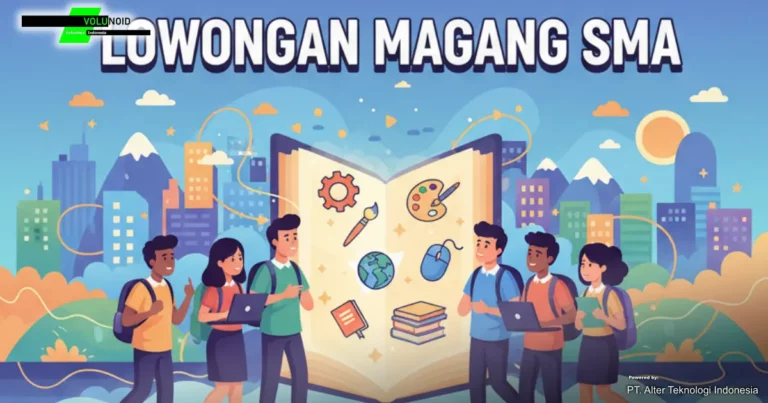 lowongan magang sma Ilustrasi cerah dan menarik yang menampilkan sekelompok siswa SMA yang bersemangat dengan ransel dan laptop, berdiri di depan sebuah buku terbuka raksasa berisi ikon-ikon kreativitas dan pengetahuan. Latar belakang menunjukkan lanskap kota yang modern dengan gedung-gedung tinggi dan pegunungan.