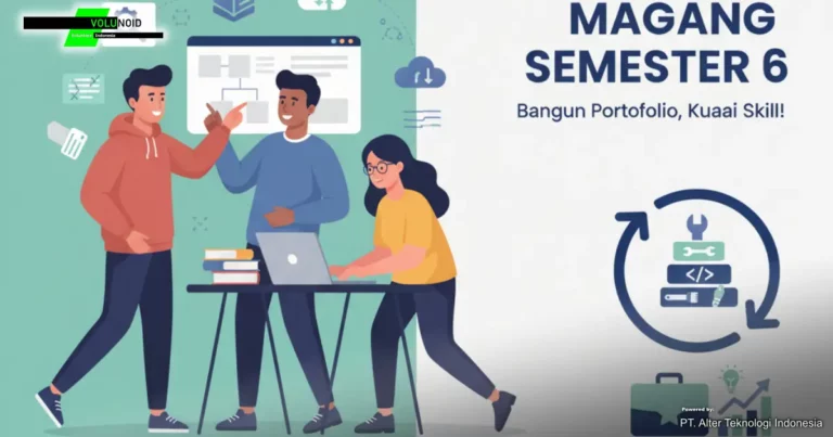 Tiga mahasiswa sedang berinteraksi di sekitar laptop di meja, dengan seorang pria menunjuk ke diagram di layar browser. Di latar belakang terdapat ikon-ikon terkait penelitian dan teknologi. Di sisi kanan terdapat tulisan "MAGANG SEMESTER 6, Bangun Portofolio, Kuasai Skill!" dengan ilustrasi tumpukan buku dan ikon alat dalam lingkaran panah, serta koper dan grafik pertumbuhan, bersama logo Volunoid.com.