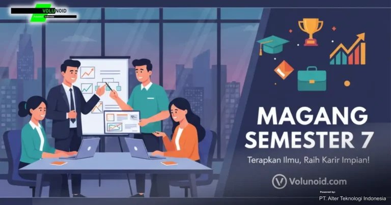Empat orang profesional sedang rapat di meja kantor, dengan seorang pria menjelaskan di papan tulis yang menampilkan grafik dan diagram. Latar belakang menunjukkan pemandangan kota di malam hari. Di sisi kanan terdapat tulisan "MAGANG SEMESTER 7, Terapkan Ilmu, Raih Karir Impian!" dengan ikon piala, topi wisuda, koper, dan grafik pertumbuhan, serta logo Volunoid.com.