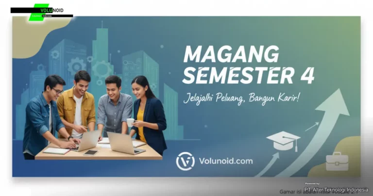 Empat mahasiswa sedang berdiskusi sambil menatap laptop di meja. Di belakang mereka terdapat latar belakang perkotaan futuristik dengan ikon-ikon pendidikan dan karir serta tulisan "MAGANG SEMESTER 4, Jelajahi Peluang, Bangun Karir!" dan logo Volunoid.com.