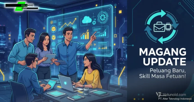 Lima profesional muda berdiskusi di kantor modern dengan pemandangan kota di malam hari, di depan layar interaktif yang menampilkan data dan grafik. Di sisi kanan terdapat tulisan "MAGANG UPDATE, Peluang Baru, Skill Masa Depan!" dengan ikon surat digital berputar, serta logo Volunoid.com.
