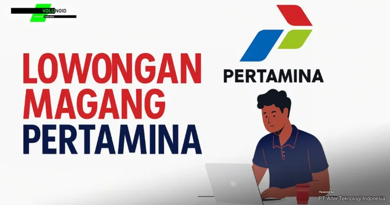 Banner promosi lowongan magang Pertamina menampilkan ilustrasi profesional muda bekerja dengan laptop, logo Pertamina dan Volunoid.com, serta teks ajakan bergabung.