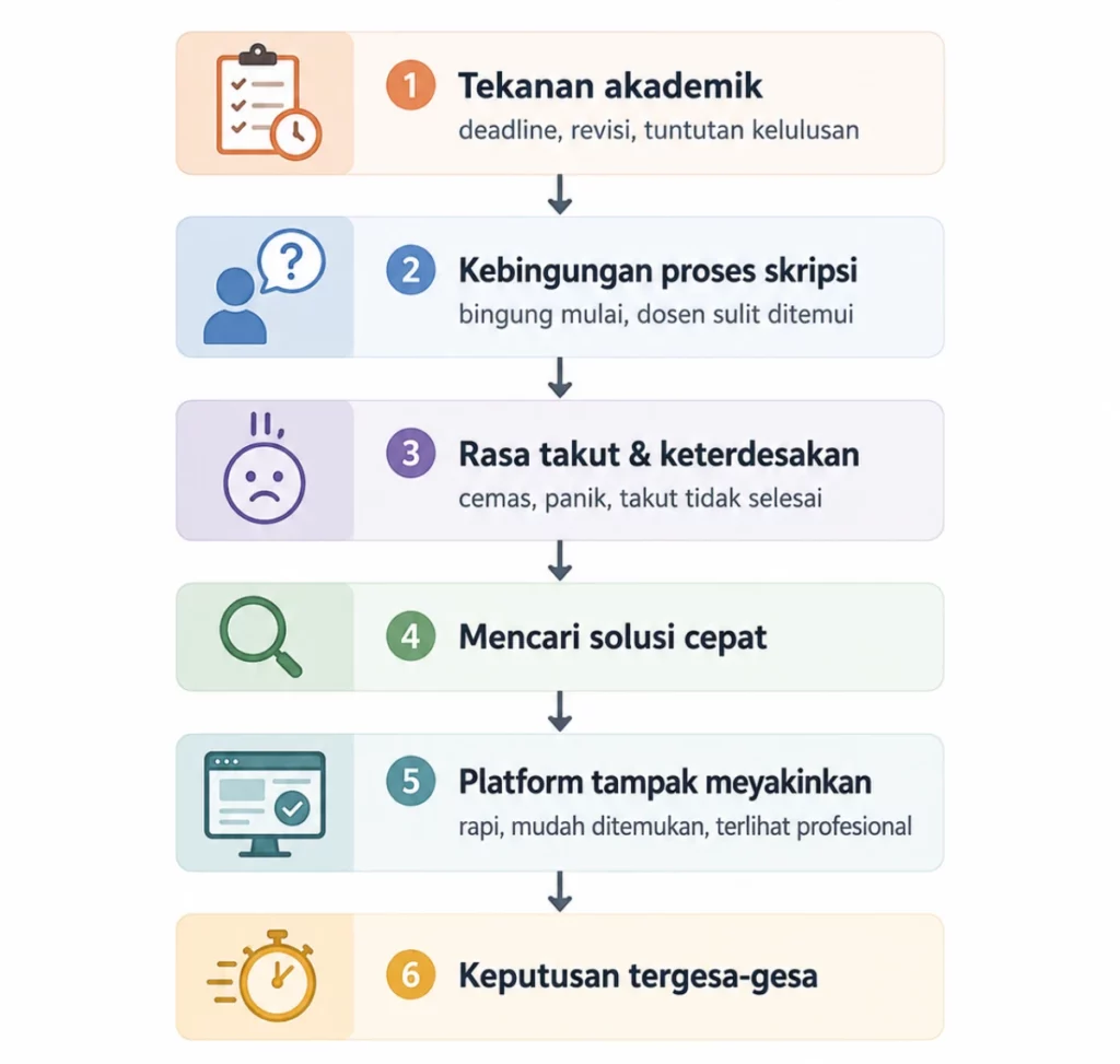 1. Alur Tekanan Akademik Menuju Keputusan Tergesa gesa Diagram alur tekanan akademik yang mendorong mahasiswa mencari solusi cepat untuk skripsi.