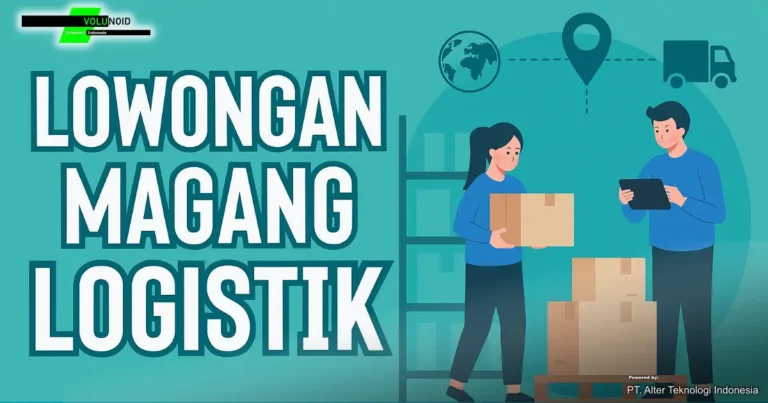 Lowongan Magang Logistik Ilustrasi digital bertema lowongan magang logistik menampilkan dua mahasiswa magang sedang menangani paket di gudang modern, dengan teks promosi dan logo Volunoid.com..