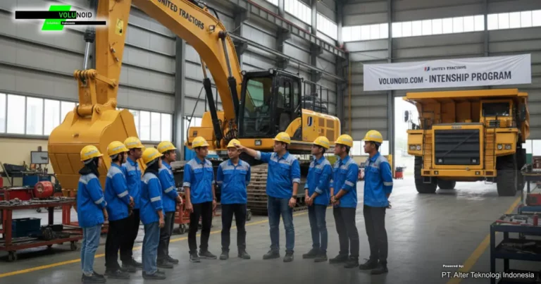 Sekelompok peserta magang United Tractors dengan seragam biru dan helm kuning berdiri di depan alat berat di dalam bengkel.