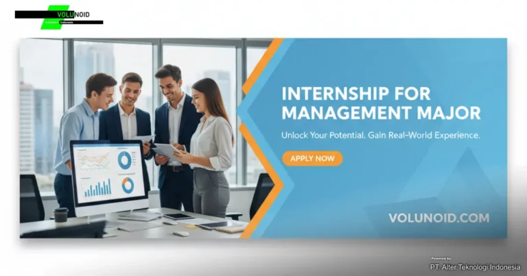 Empat profesional bisnis sedang berdiskusi di depan monitor komputer yang menampilkan grafik dan data, dengan teks "INTERNSHIP FOR MANAGEMENT MAJOR" di sisi kanan.