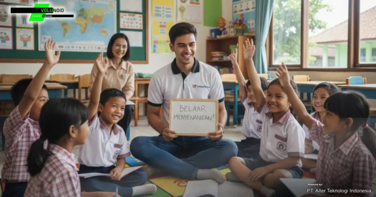 Seorang guru magang pria dan guru wanita sedang mengajar siswa-siswi sekolah dasar di kelas.