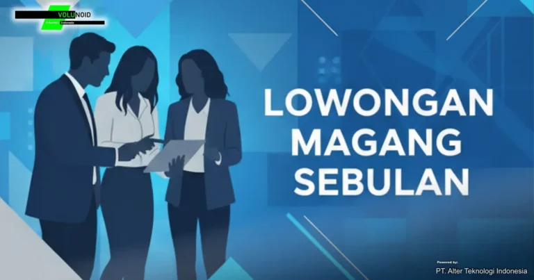 Lowongan Magang Sebulan 3 Poster visual skala 2:1 dengan ilustrasi kantor modern dan siluet pekerja, hanya menampilkan judul "Lowongan Magang Sebulan" dari Volunoid.com.